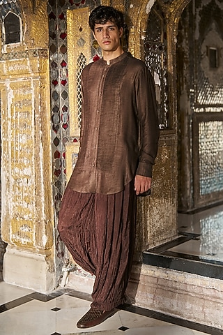 Chocolate Brown Organic Viscose Crinkle Pant Set by Dash and Dot Men