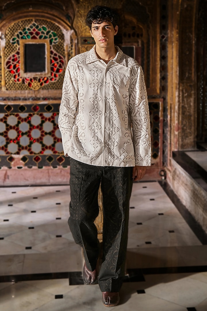 White Jacquard Cutwork Applique Party Wear Shirt by Dash and Dot Men at Pernia's Pop Up Shop