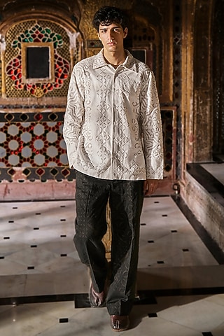 Black Jacquard Cutwork Applique Pants by Dash and Dot Men