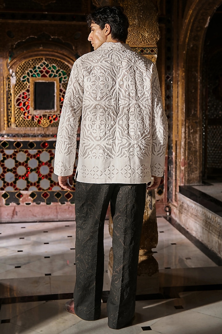 Black Jacquard Cutwork Applique Pants by Dash and Dot Men at Pernia's Pop Up Shop