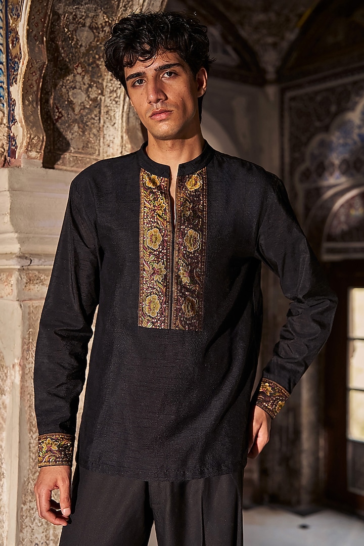 Black Bemberg Benaras Weave Summer Shirt by Dash and Dot Men at Pernia's Pop Up Shop