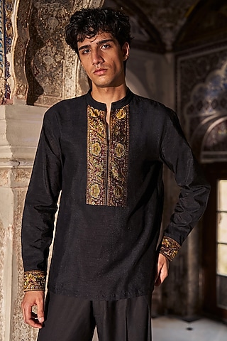 Black Bemberg Benaras Weave Shirt by Dash and Dot Men