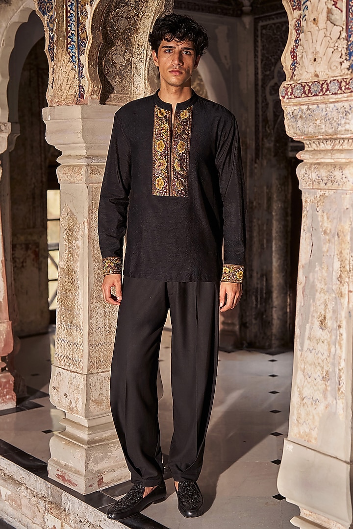 Black Bemberg Benaras Weave Summer Shirt by Dash and Dot Men at Pernia's Pop Up Shop