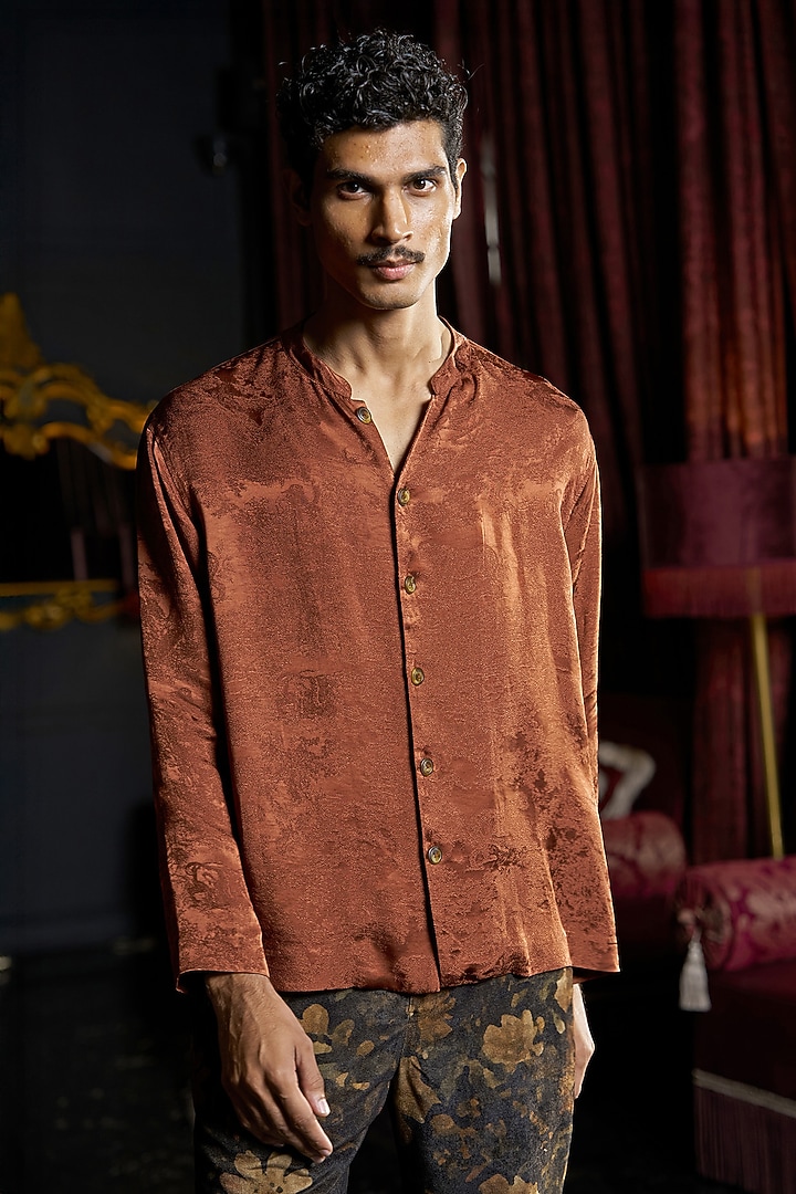 Rust Brown Textured Jacquard Party Wear Shirt by Dash and Dot Men at Pernia's Pop Up Shop
