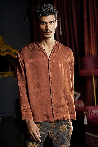 Rust Brown Textured Jacquard Shirt by Dash and Dot Men