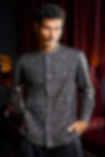 State Blue Organic Cotton Zardosi Embroidered Summer Shirt by Dash and Dot Men at Pernia's Pop Up Shop