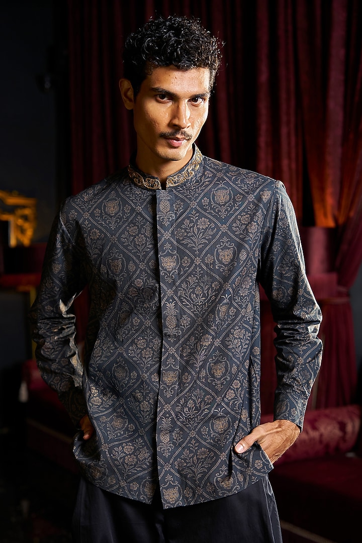 State Blue Organic Cotton Zardosi Embroidered Summer Shirt by Dash and Dot Men at Pernia's Pop Up Shop