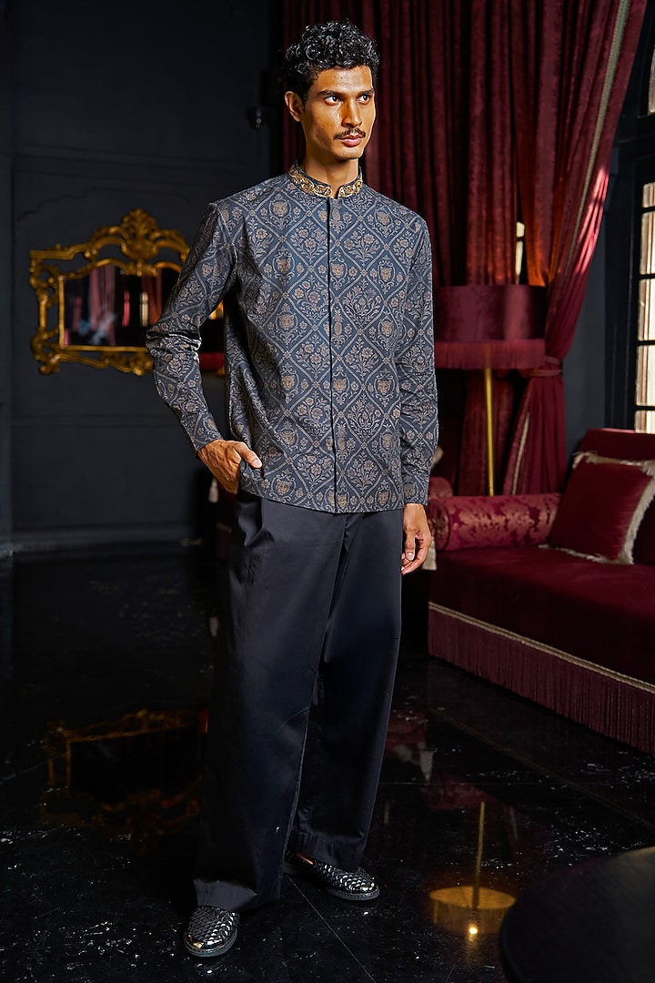 State Blue Organic Cotton Zardosi Embroidered Summer Shirt by Dash and Dot Men at Pernia's Pop Up Shop