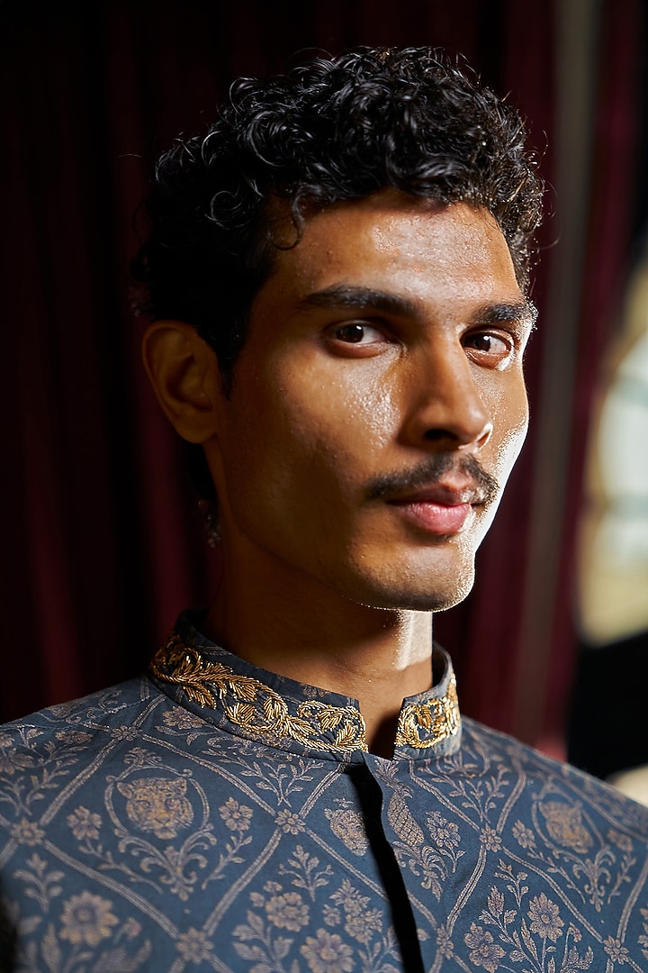 State Blue Organic Cotton Zardosi Embroidered Summer Shirt by Dash and Dot Men at Pernia's Pop Up Shop