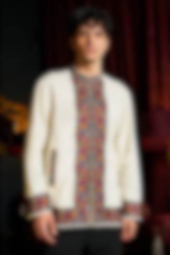 Ivory Organic Cotton Thread Embroidered Kashmiri Shacket by Dash and Dot Men at Pernia's Pop Up Shop