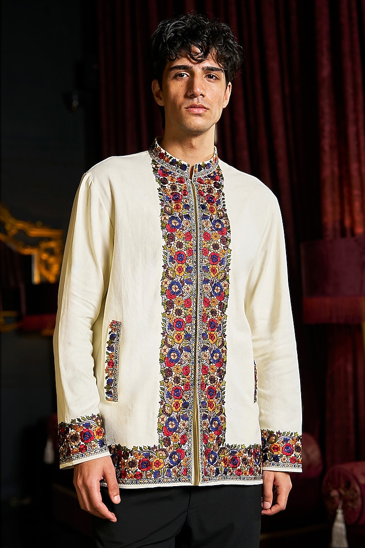 Ivory Organic Cotton Thread Embroidered Kashmiri Shacket by Dash and Dot Men at Pernia's Pop Up Shop