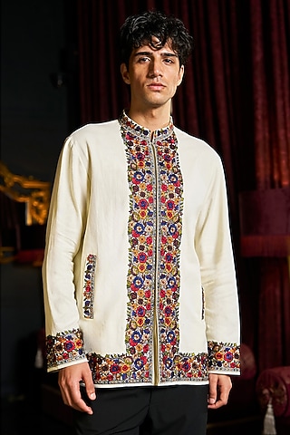 Ivory Organic Cotton Thread Embroidered Kashmiri Shacket by Dash and Dot Men