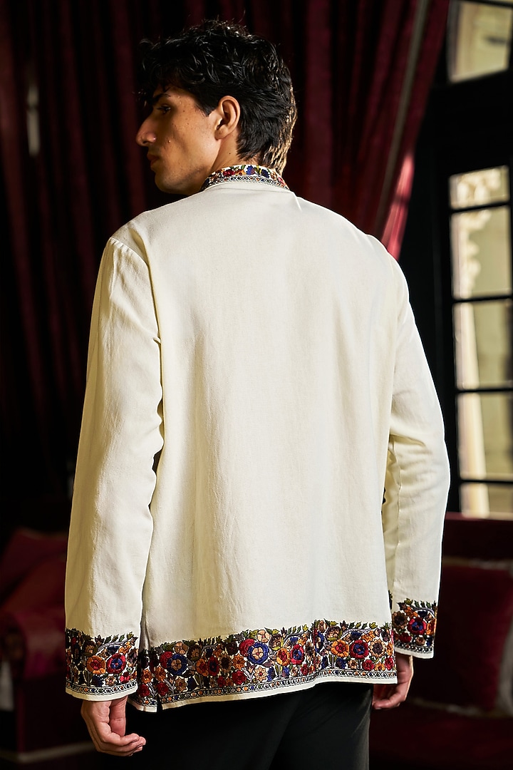 Ivory Organic Cotton Thread Embroidered Kashmiri Shacket by Dash and Dot Men at Pernia's Pop Up Shop