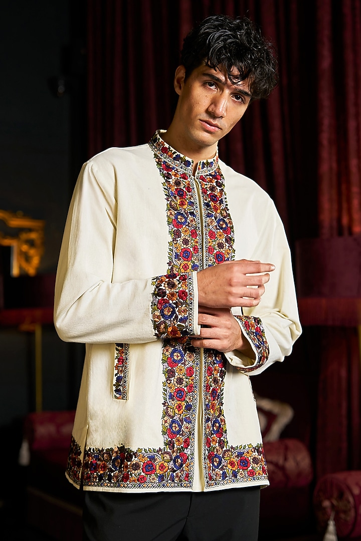 Ivory Organic Cotton Thread Embroidered Kashmiri Shacket by Dash and Dot Men at Pernia's Pop Up Shop