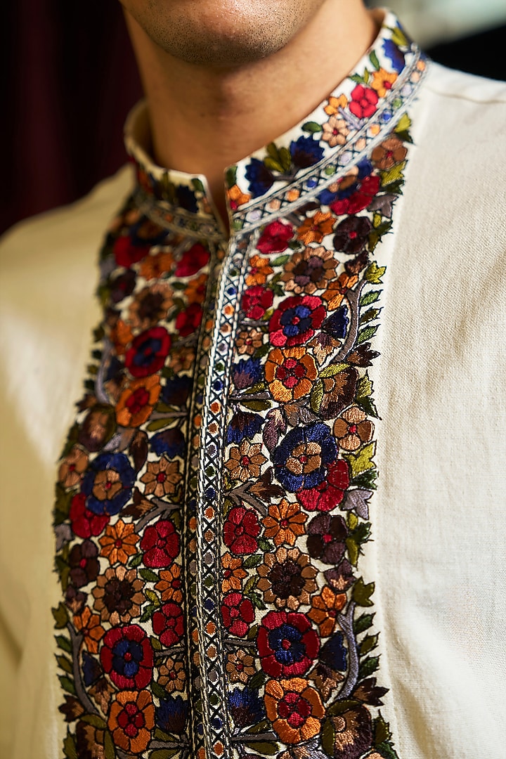 Ivory Organic Cotton Thread Embroidered Kashmiri Shacket by Dash and Dot Men at Pernia's Pop Up Shop
