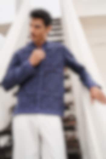 Blue Jacquard Cutwork Applique Party Wear Shirt by Dash and Dot Men at Pernia's Pop Up Shop