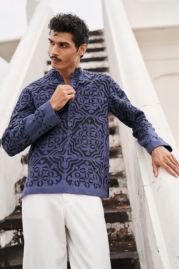 Blue Jacquard Cutwork Applique Party Wear Shirt by Dash and Dot Men at Pernia's Pop Up Shop