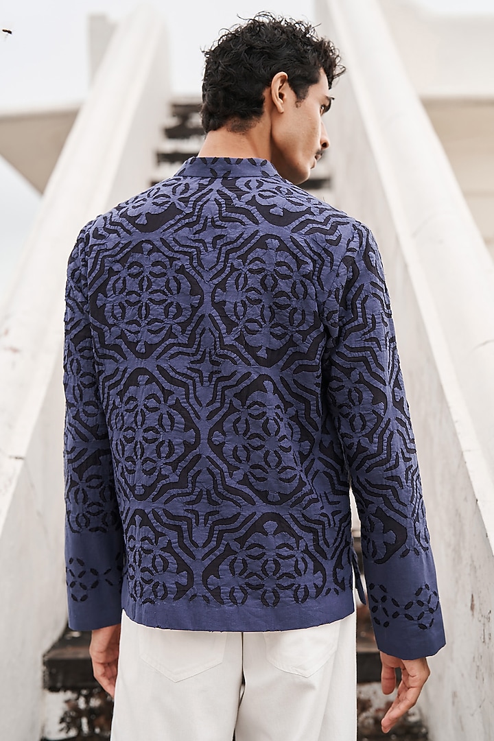 Blue Jacquard Cutwork Applique Party Wear Shirt by Dash and Dot Men at Pernia's Pop Up Shop
