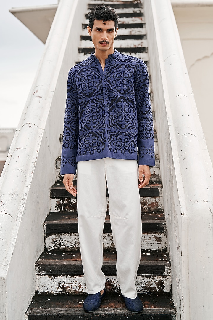 Blue Jacquard Cutwork Applique Party Wear Shirt by Dash and Dot Men at Pernia's Pop Up Shop