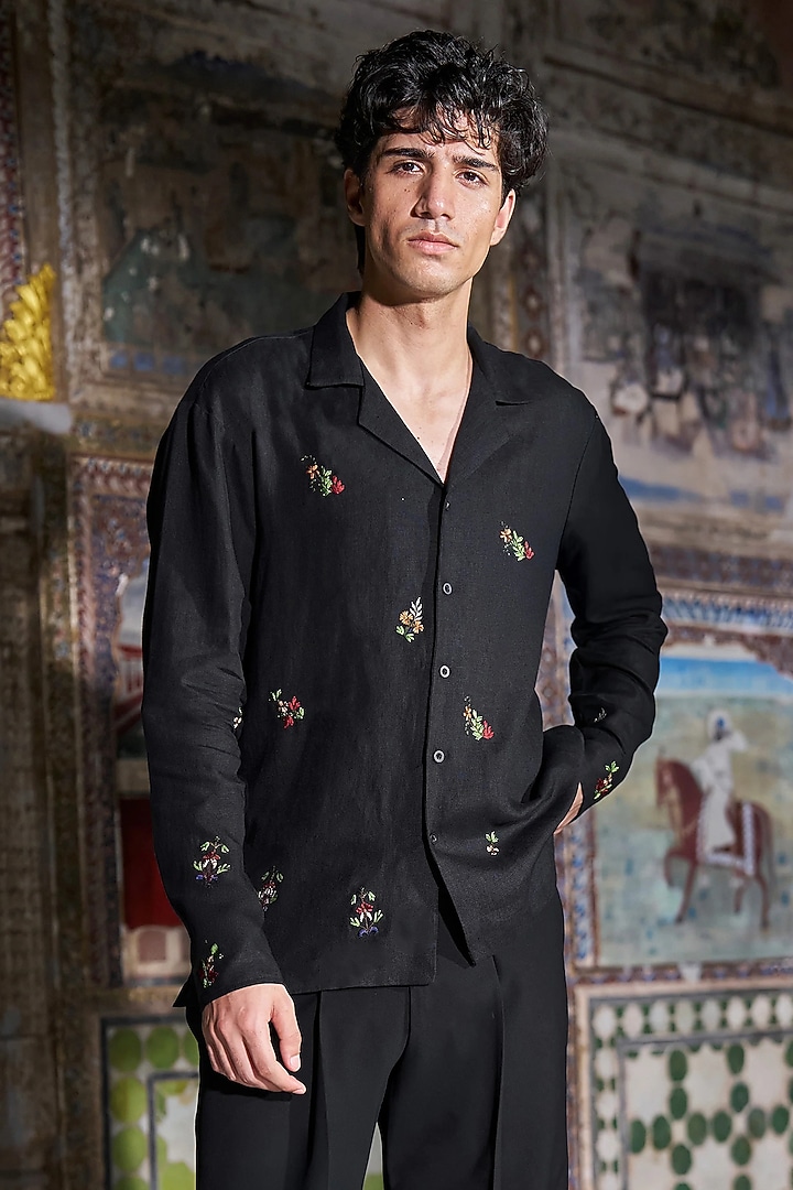 Black Linen Floral Thread Embroidered Party Wear Shirt by Dash and Dot Men at Pernia's Pop Up Shop