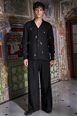 Black Polyester & Viscose Spandex Pleated Wide-Leg Pants by Dash and Dot Men
