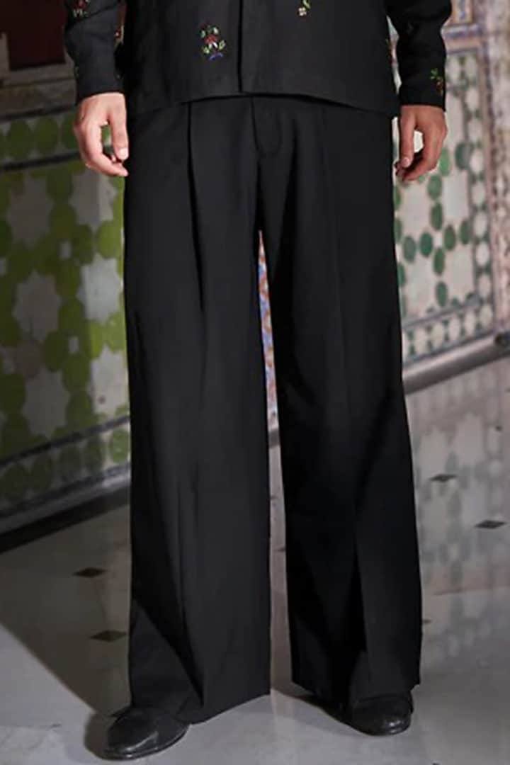 Black Polyester & Viscose Spandex Pleated Wide-Leg Pants by Dash and Dot Men at Pernia's Pop Up Shop