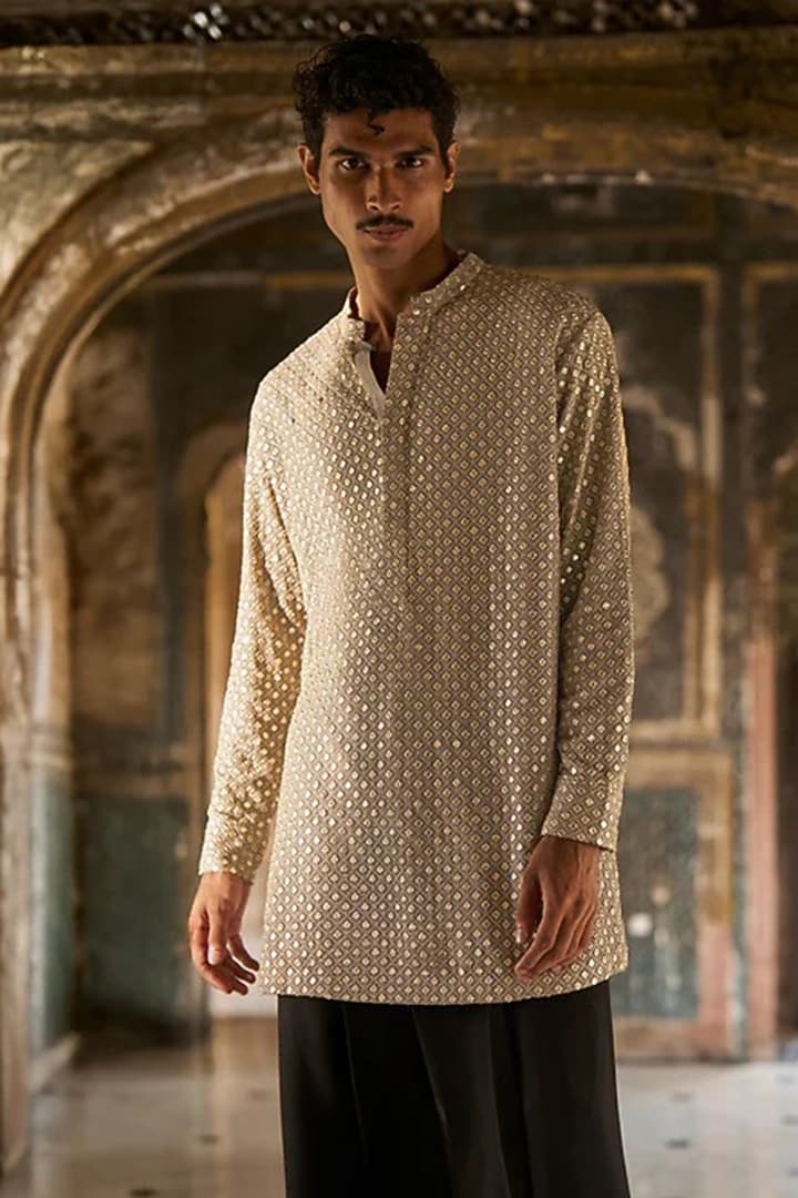 Antique Grey Organic Viscose & Metallic Mirror Embroidered Party Wear Shirt by Dash and Dot Men at Pernia's Pop Up Shop