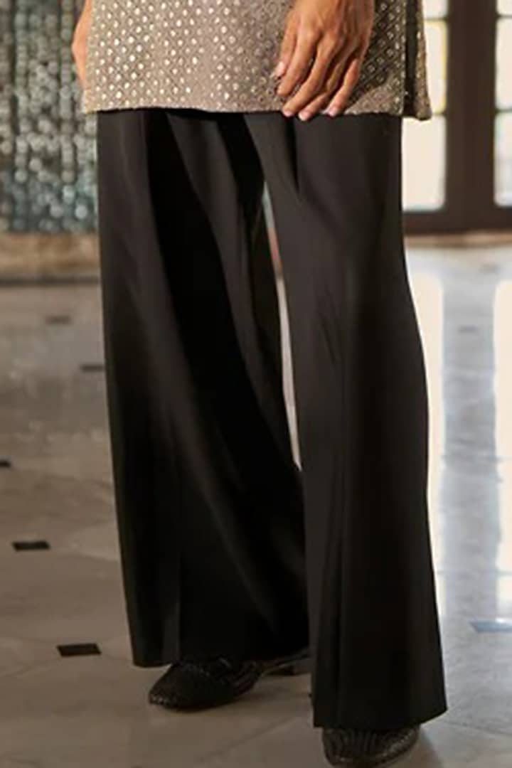Black Polyester & Viscose Spandex Pleated Wide-Leg Pants by Dash and Dot Men at Pernia's Pop Up Shop