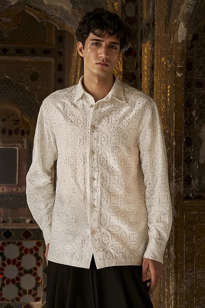 Ivory Organic Cotton Chikan Party Wear Shirt by Dash and Dot Men at Pernia's Pop Up Shop