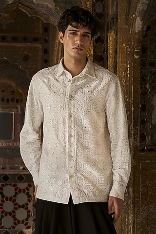 Ivory Organic Cotton Chikan Shirt by Dash and Dot Men
