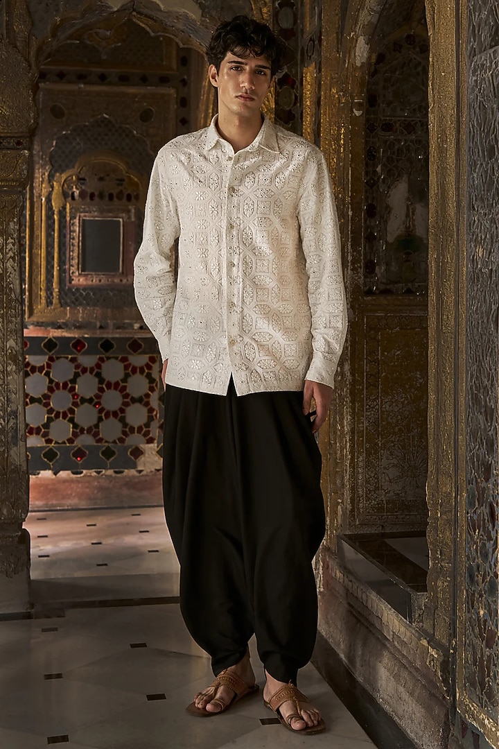 Ivory Organic Cotton Chikan Party Wear Shirt by Dash and Dot Men at Pernia's Pop Up Shop