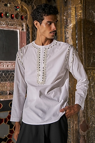 White Organic Cotton Thread Hand Embroidered Shirt by Dash and Dot Men