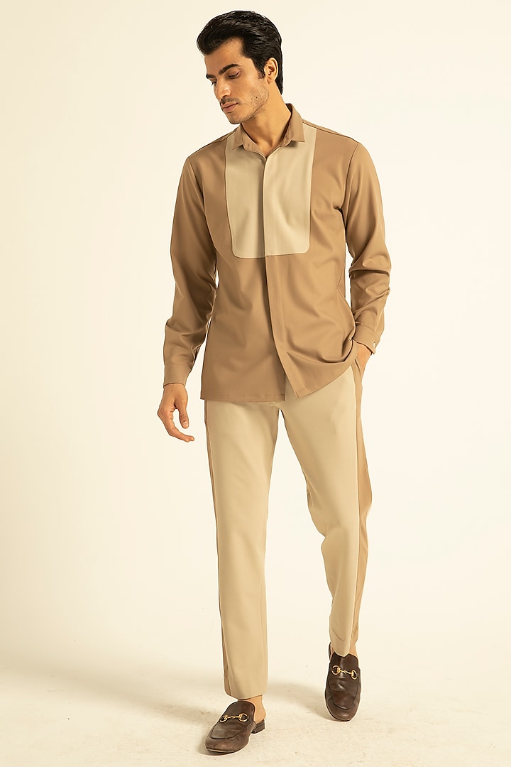 Khaki & Beige Suiting Shirt by Dash and Dot Men