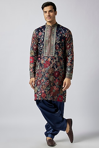 Midnight Blue Georgette Floral Printed Kurta Set by Dapper & Dare