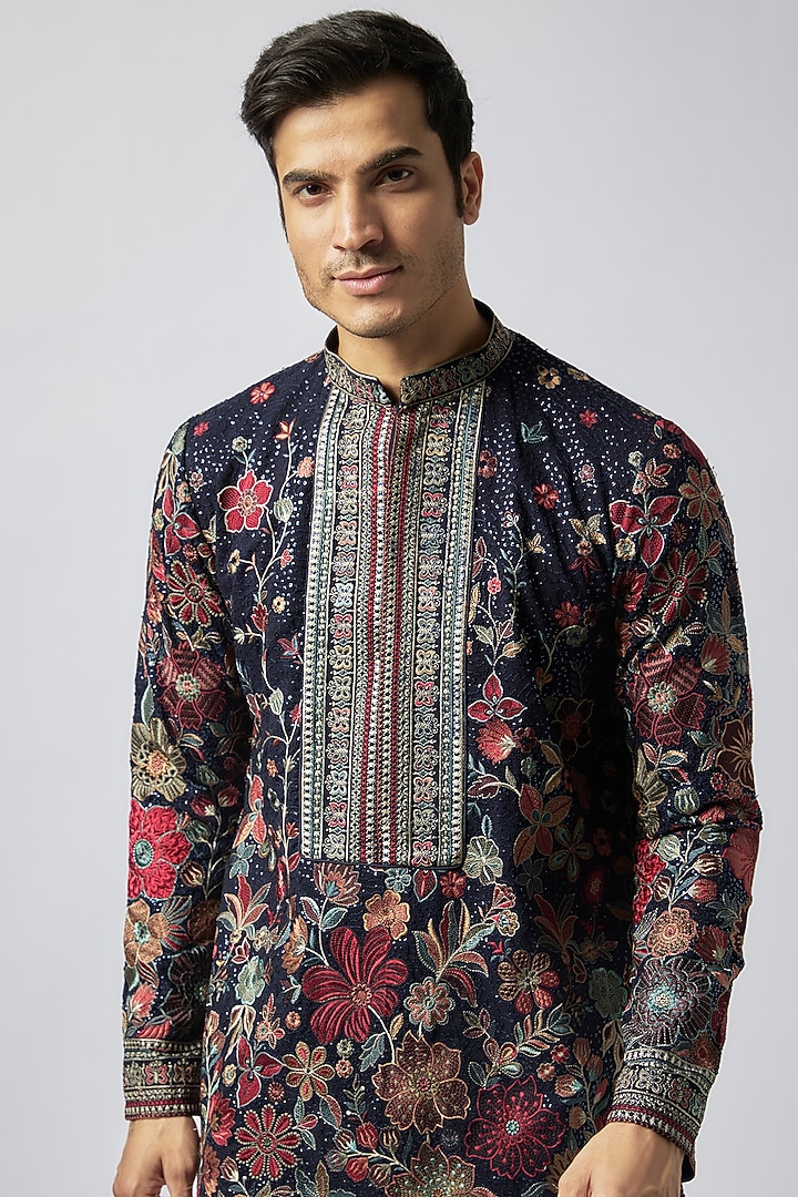 Midnight Blue Georgette Floral Printed Kurta Set by Dapper & Dare at Pernia's Pop Up Shop
