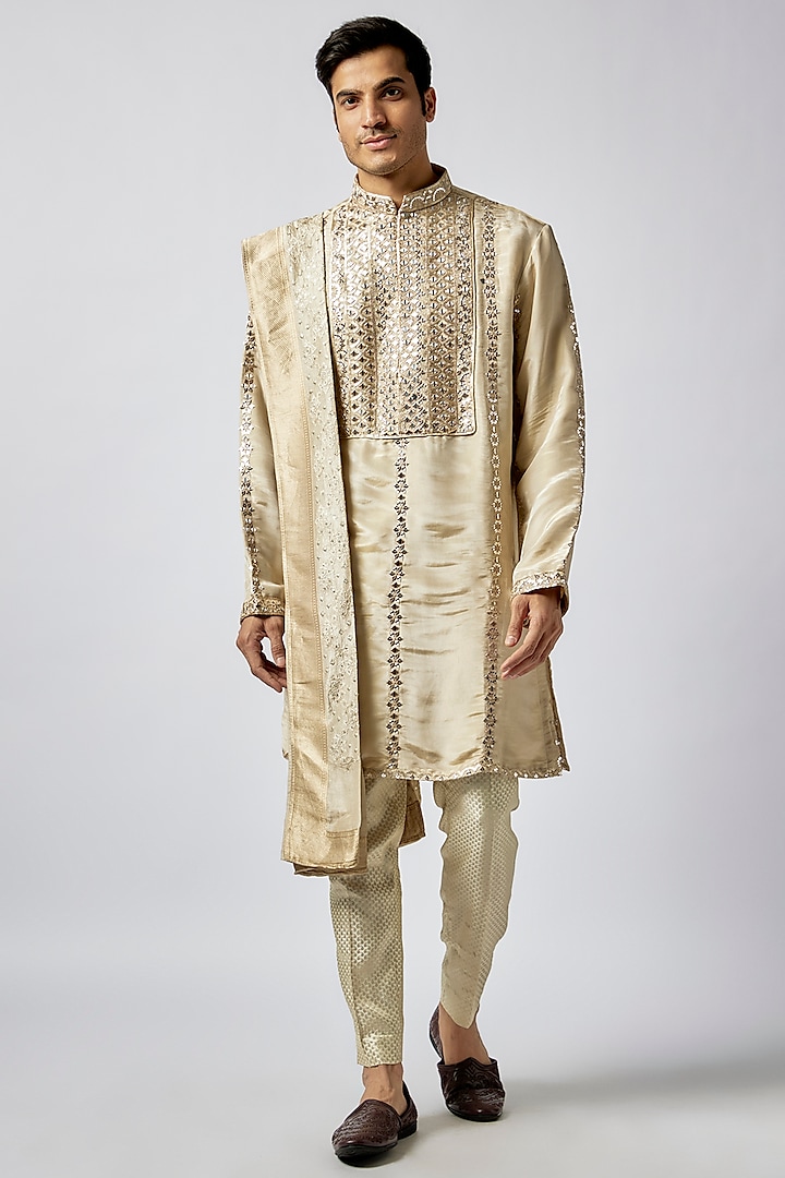 Champagne Gold Tissue Hand Embroidered & Printed Kurta Set by Dapper & Dare