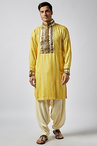Yellow Georgette Lucknowi Mirror Embroidered Kurta Set by Dapper & Dare