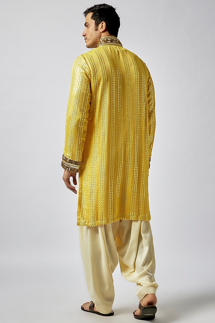 Yellow Georgette Lucknowi Mirror Embroidered Kurta Set by Dapper & Dare at Pernia's Pop Up Shop