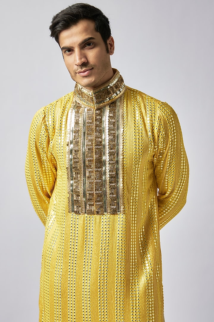 Yellow Georgette Lucknowi Mirror Embroidered Kurta Set by Dapper & Dare at Pernia's Pop Up Shop