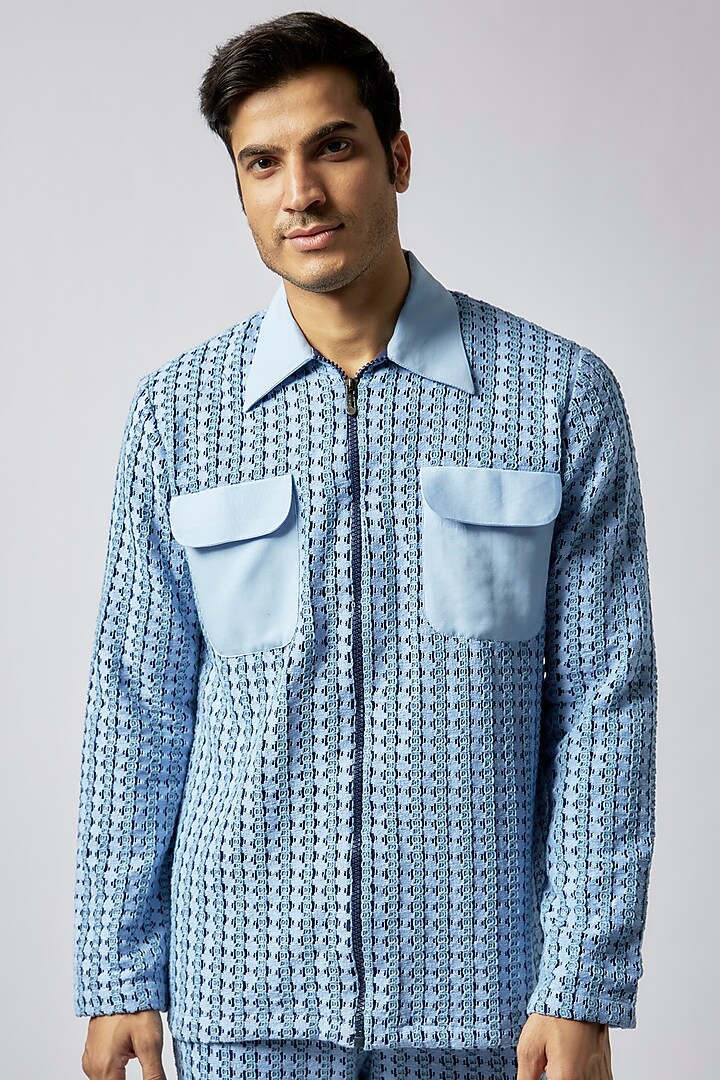 Powder Blue Cotton Net Kora Co-Ord Set by Dapper & Dare at Pernia's Pop Up Shop