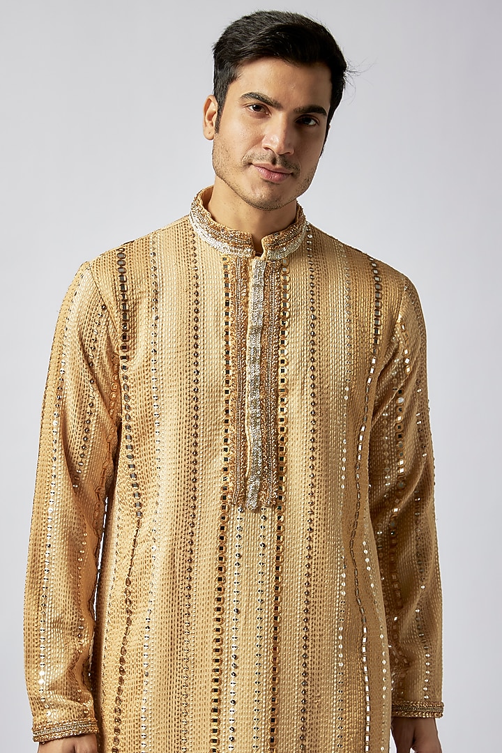 Gold Georgette Lucknowi Mirror Work Kurta Set by Dapper & Dare at Pernia's Pop Up Shop