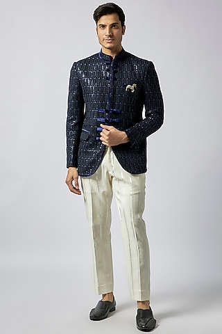 Blue Velvet Bandhgala Jacket Set by Dapper & Dare