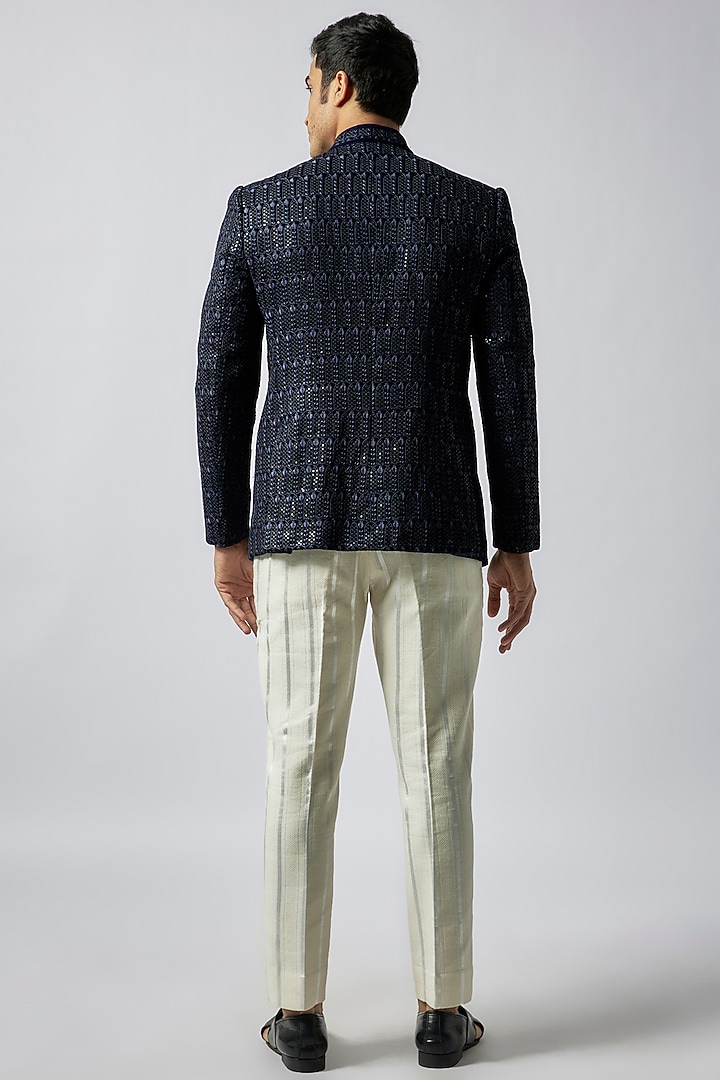 Blue Velvet Wedding Bandhgala Jacket Set by Dapper & Dare at Pernia's Pop Up Shop