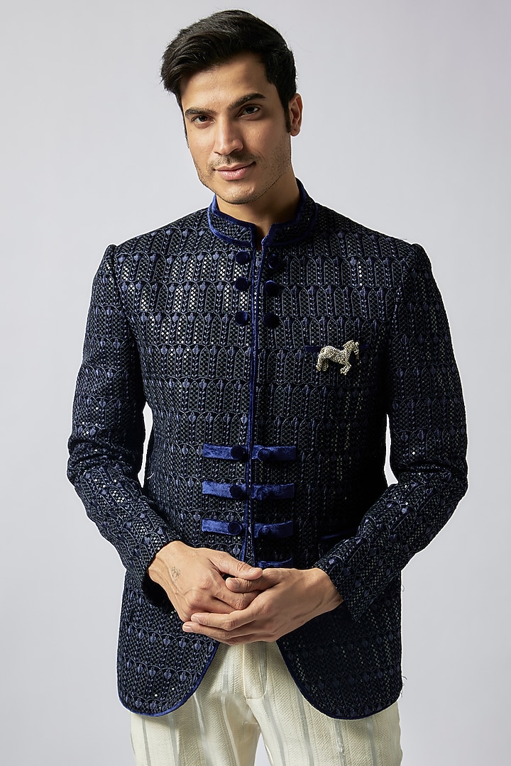 Blue Velvet Wedding Bandhgala Jacket Set by Dapper & Dare at Pernia's Pop Up Shop