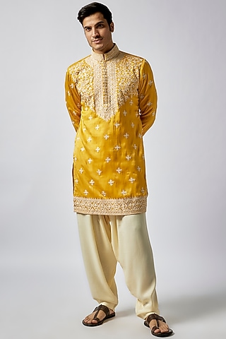 Yellow Sandwash Satin Hand Embroidered Kurta Set by Dapper & Dare