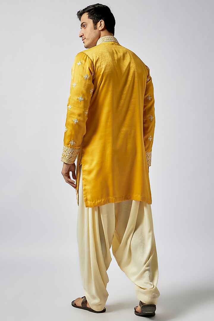 Yellow Sandwash Satin Hand Embroidered Kurta Set by Dapper & Dare at Pernia's Pop Up Shop