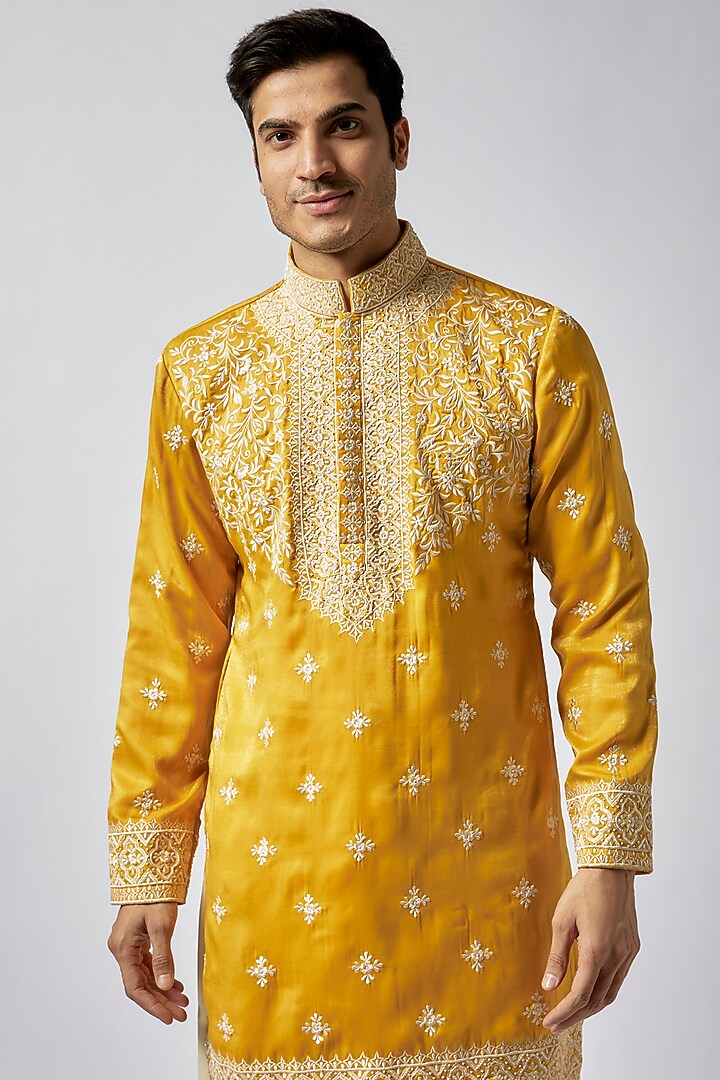 Yellow Sandwash Satin Hand Embroidered Kurta Set by Dapper & Dare at Pernia's Pop Up Shop
