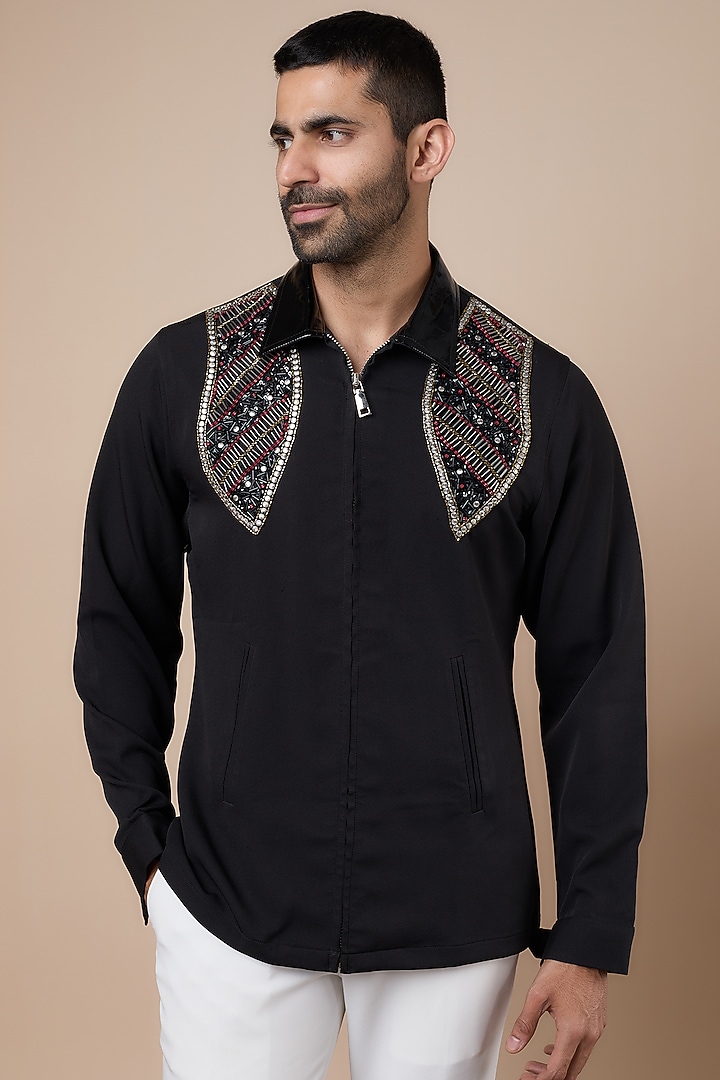 Black Banana Crepe Crystal Embellished Wedding Shirt by Dapper & Dare at Pernia's Pop Up Shop