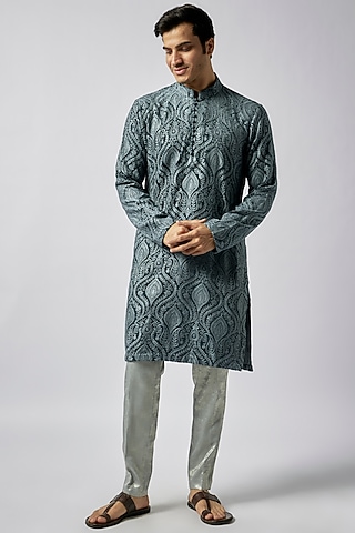 Teal Blue Velvet Paisley Printed Kurta Set by Dapper & Dare