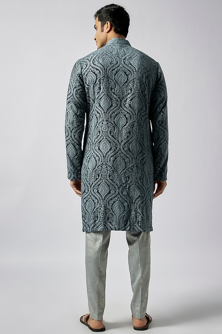 Teal Blue Velvet Paisley Printed Kurta Set by Dapper & Dare at Pernia's Pop Up Shop